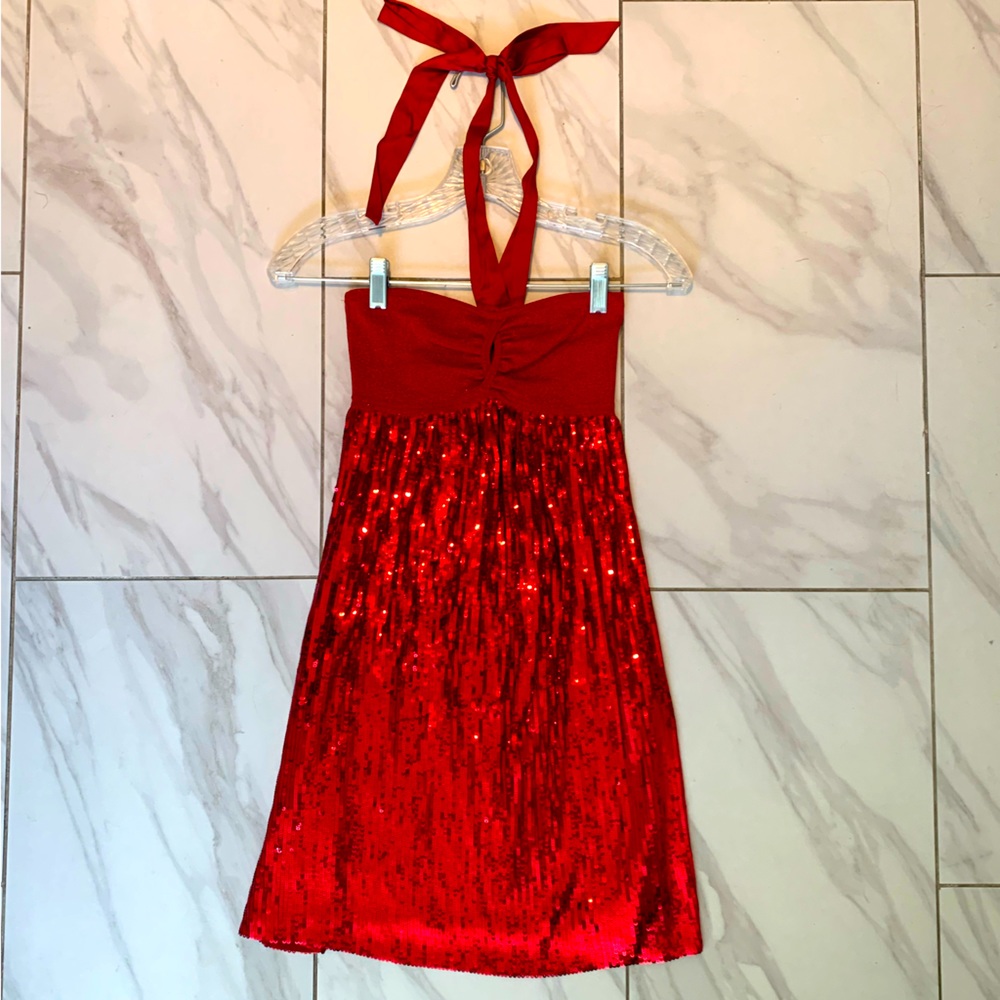 Bebe cocktail mini sequins dress with loop and ribbon, stretchy